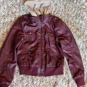 Maroon Moto Jacket with removable knitted hood